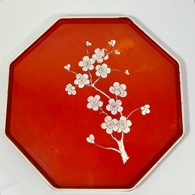Mid-Century Boho Chic Octagonal Shaped Plastic Serving Tray With Cherry Blossom Design For Sale - Image 9 of 14