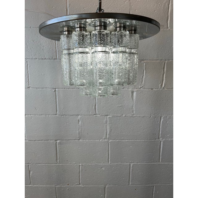Beautiful flush mount chandelier with textured tube prisms. Great period piece. 18 prisms all in excellent condition set...
