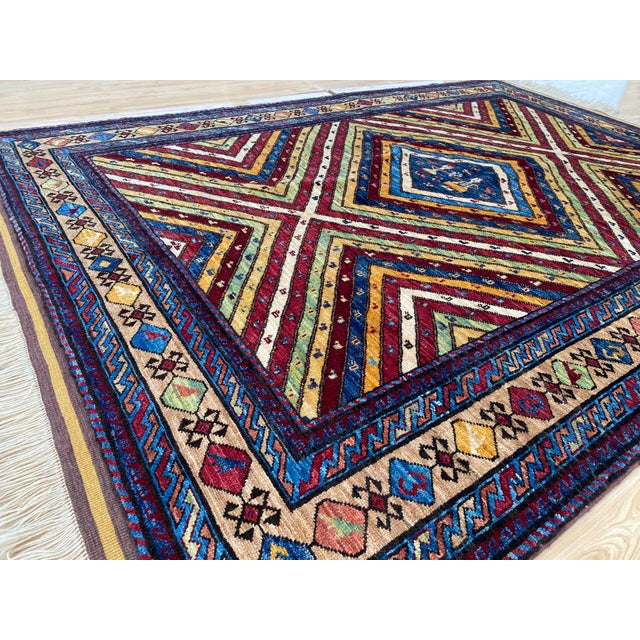 Vintage Kazak Wool Rug, Sunburst Medallion For Sale - Image 4 of 11