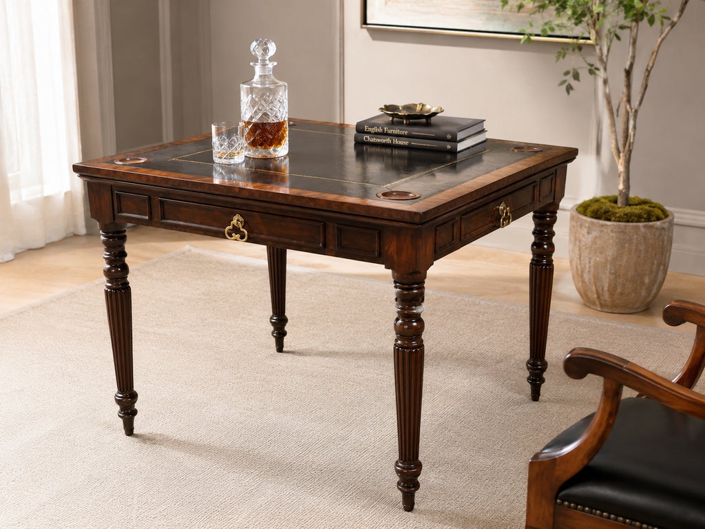 Maitland-Smith Leather Inset Mahogany Game Table | Chairish