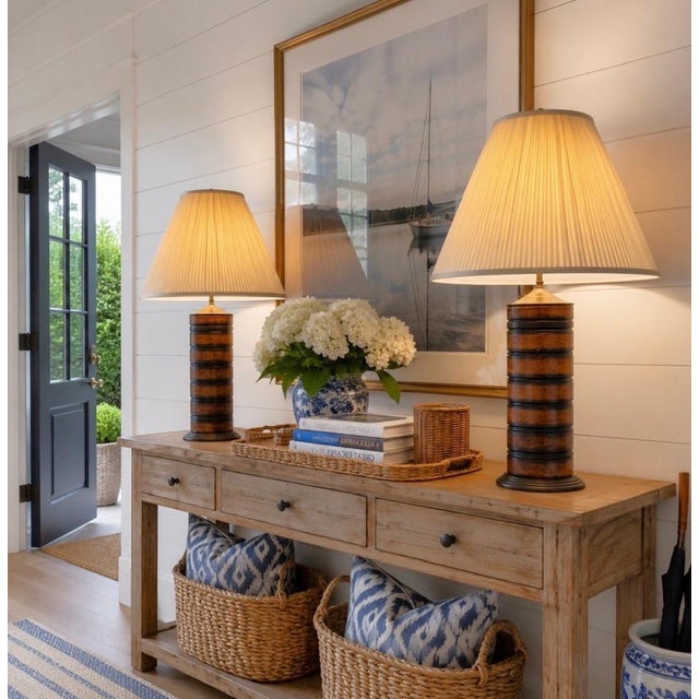 Turned Wood Barrel Form Table Lamps With Shades, Set of 2 For Sale In New York - Image 6 of 18