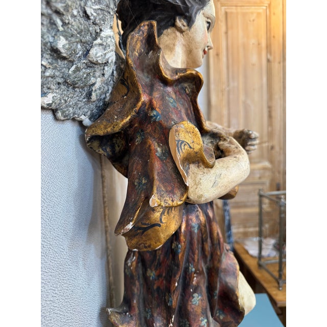 Gold Antique Italian Carved Wood Angel, Original Paint, Circa 1880s For Sale - Image 8 of 17