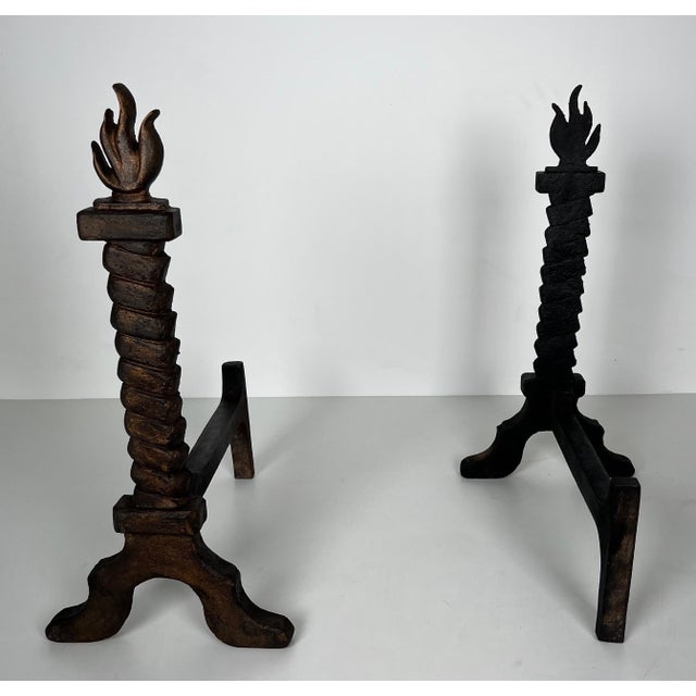Pair of cast iron and wrought iron firedogs, flame-gilded, in the style of Gilbert Poillerat For Sale - Image 6 of 12