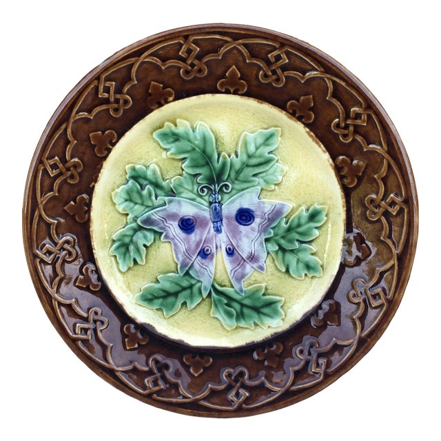 19th Century French Majolica Butterfly Plate Longchamp For Sale