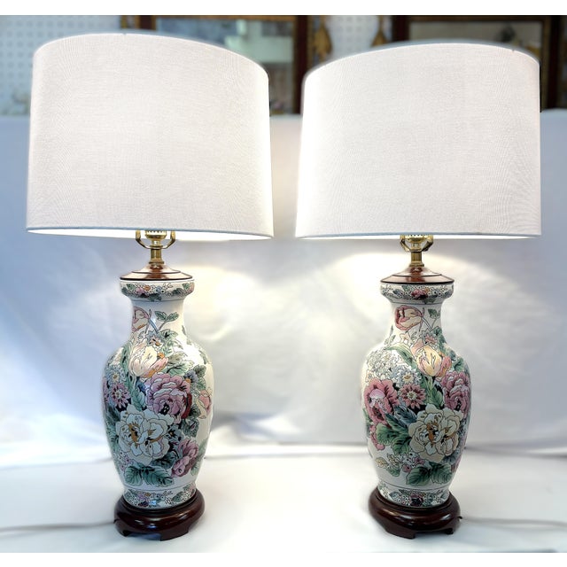 Vintage Ceramic Vase Lamps With Elegant Floral Design on Wood Plinths- A Pair For Sale - Image 14 of 15