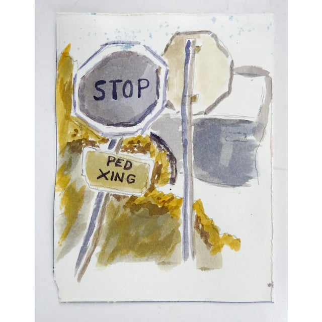 Mid-Century Modern Vintage Stop Sign & Architecture Watercolor Painting Double Sided For Sale - Image 3 of 5