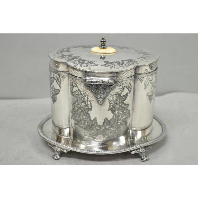 Antique Victorian Silver Plated Etched Footed Hinged Biscuit Barrel Jar on Stand For Sale - Image 13 of 18