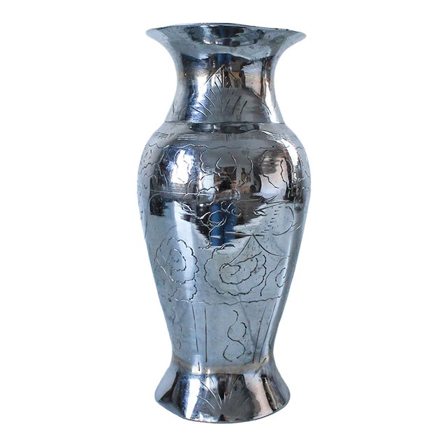 Chinese Export Silver Tone Etched Brass Vase For Sale