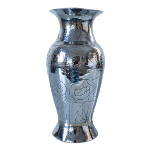 Chinese Export Silver Tone Etched Brass Vase