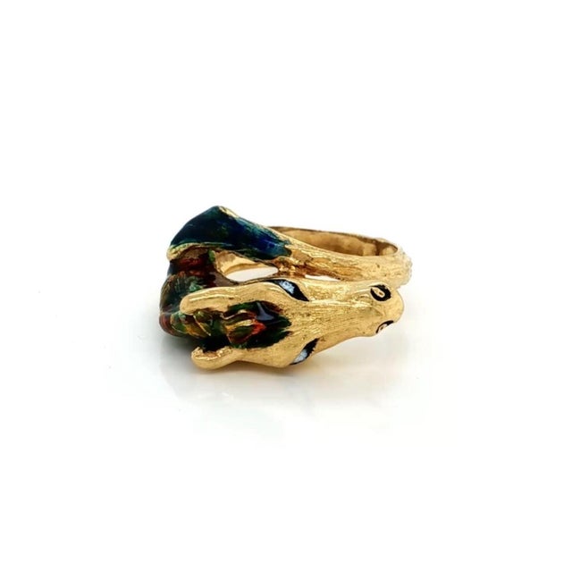 Mid 20th Century Mid 20th Century Horse Bypass Ring 18K Yellow Gold Multi-Color Enamel Size 5.5 For Sale - Image 5 of 7