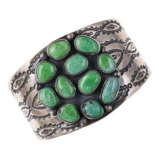 Late 20th Century 6.75" Navajo Danny Clark Carrico lake turquoise heavy stamped sterling cuff brac For Sale