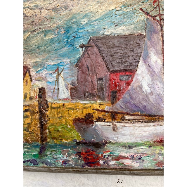 1970’s Original Expressionist New England Seaport Village Sailboats Small Painting Signed & Framed For Sale - Image 4 of 5