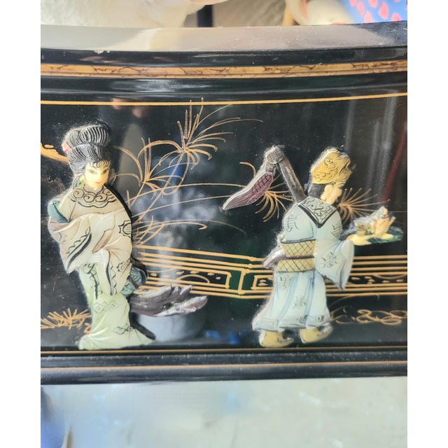 Stone Monumental Vintage Chinoiserie Black Lacquer Soapstone Carved Pagoda Regency Rectangular Mirror For Sale - Image 7 of 14