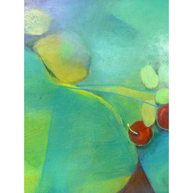 Late 20th Century Framed Original Abstract Acrylic Painting Teal Green Still Life Art, Wood Frame For Sale - Image 13 of 14