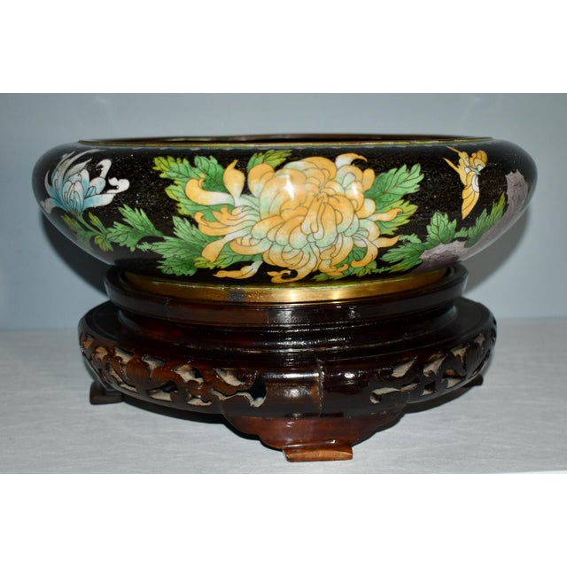 Metal Antique Large Cloisonne Bowl W/Carved Wood Base For Sale - Image 7 of 13
