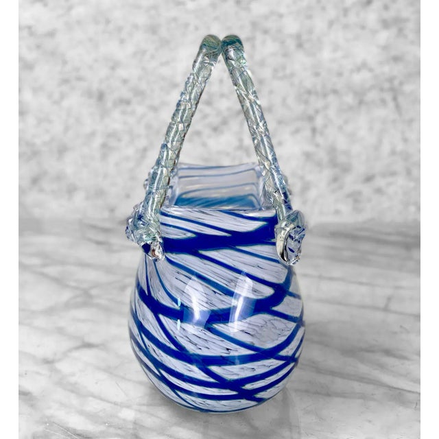 Vintage Blown Art Glass Blue Stripe Handbag Purse Vase For Sale - Image 4 of 9