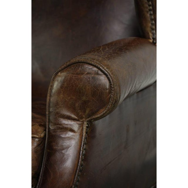 Vintage English Wing Armchair In Grained Cowhide Leather For Sale - Image 11 of 14