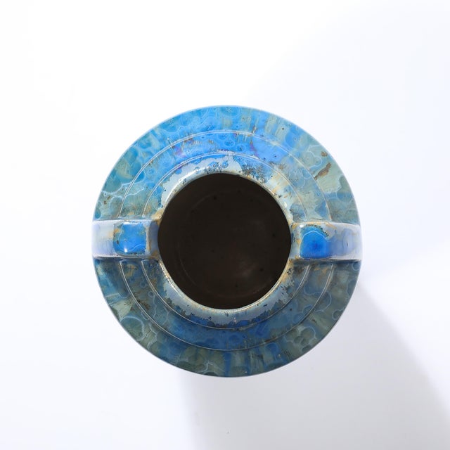 Art Deco Skyscraper Style Speckled Organic Blue Ceramic Vase Signed Pierrefonds For Sale - Image 10 of 13