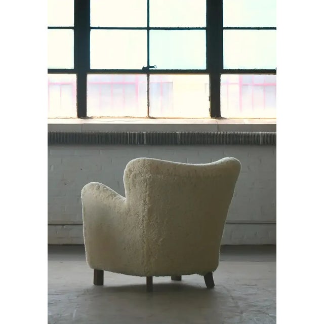 Beige Pair of Custom Made 1940's Style Lounge Chair Upholstered in Beige Sheepskin Shearling For Sale - Image 8 of 8