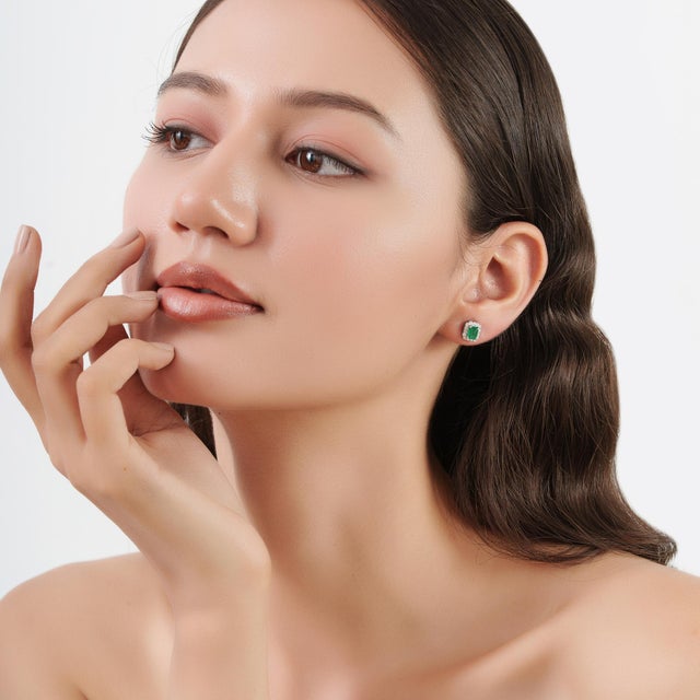 Art Deco Octagon Cut Emerald & Diamond Halo Stud Earrings - 2 Pieces For Sale - Image 6 of 12