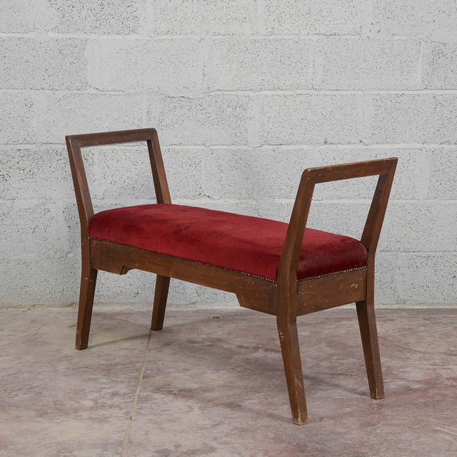Small Wooden Bench Upholstered in Red Art Deco Velvet, 1940s For Sale - Image 11 of 18