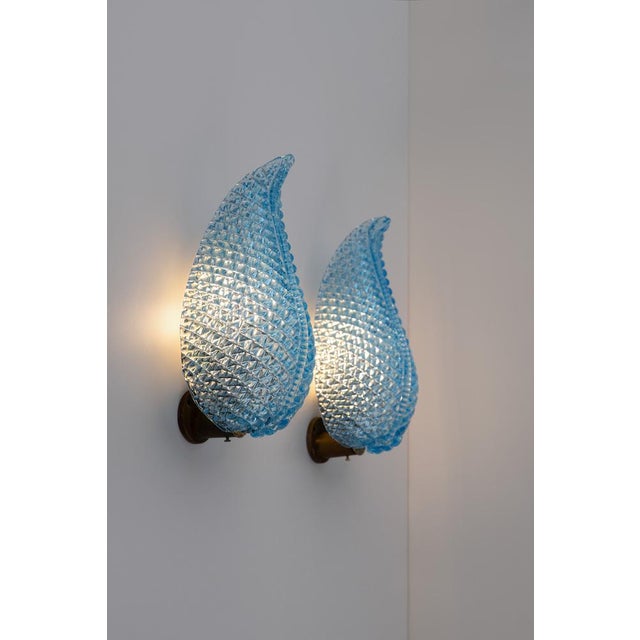 Pair of art deco ercole barovier & toso blue murano glass wall lamps, made in italy in 1940s. Flawless handwork of glass...