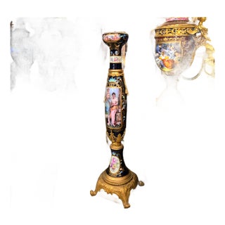 Luxury Black & Gold Decorative Pedestal With Hand-Painted Porcelain Panels For Sale