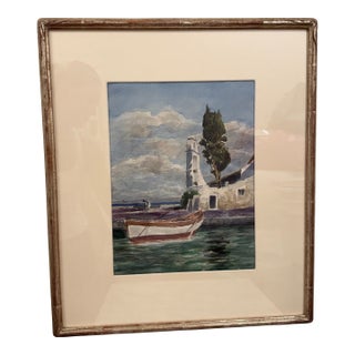 1960s Mediterranean Coastal & Village Scenes Original Watercolor in Custom Silver Leaf Frame - Unknown Artist For Sale