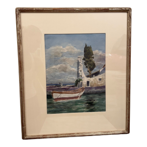1960s Mediterranean Coastal & Village Scenes Original Watercolor in Custom Silver Leaf Frame - Unknown Artist