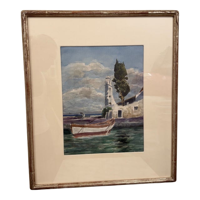 Mediterranean Coastal & Village Scenes Original Watercolor in Custom Silver Leaf Frame - Unknown Artist For Sale