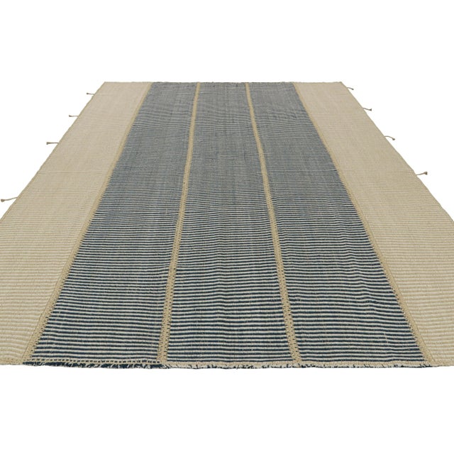 2010s Rug & Kilim’s Contemporary Kilim in Beige and Blue Textural Stripes For Sale - Image 5 of 7