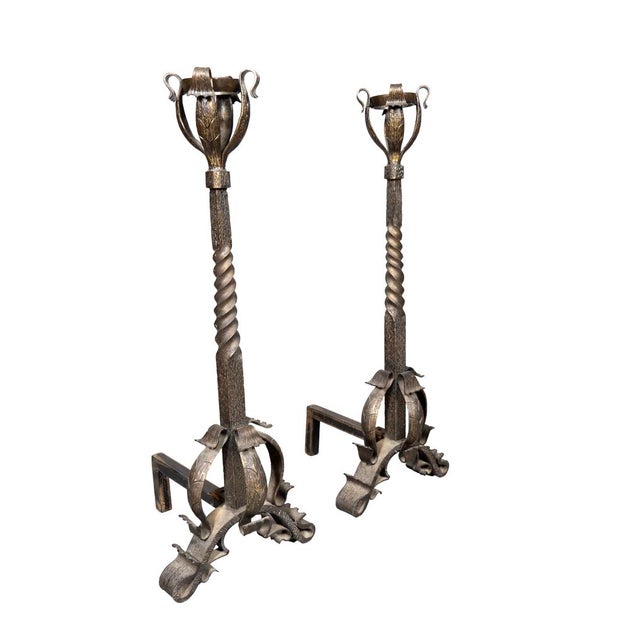 Pair of Art Nouveau Wrought Iron Andirons For Sale In Boston - Image 6 of 9