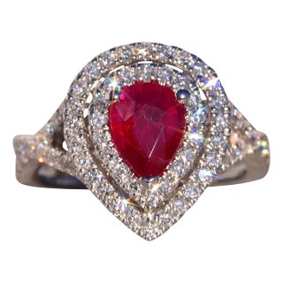 The 187th Street: Pear Shaped Natural Ruby and Double Halo Diamond Ring For Sale