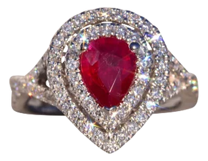 The 187th Street: Pear Shaped Natural Ruby and Double Halo Diamond Ring