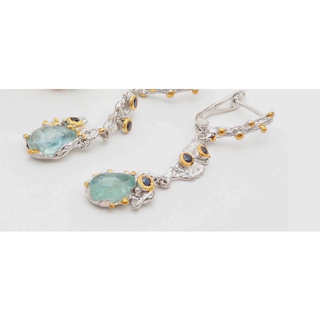 1980s Brutalist Sterling Silver, Aquamarine,Sapphire & Vermeil Earrings - 2 Pieces For Sale In West Palm - Image 6 of 12