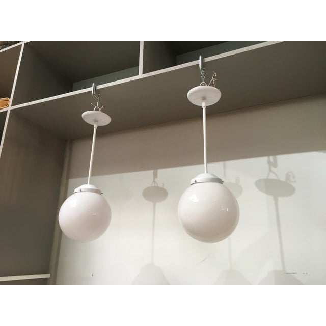 Pair of Mid-Century Modern Feldman Globe Pendant Lights, Los Angeles, Refinished White & Milk Glass For Sale - Image 4 of 11
