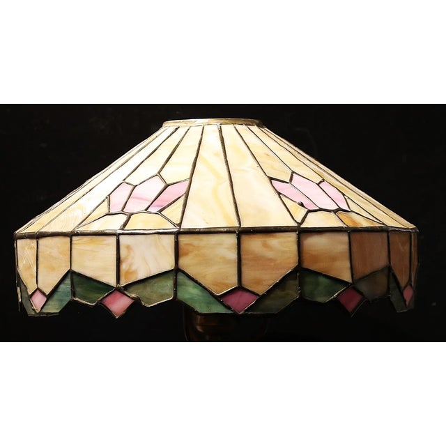 Antique Arts & Crafts Leaded Glass Table Lamp With Geometric Shade For Sale - Image 4 of 9