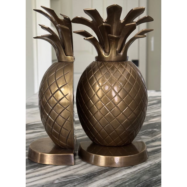 1990s Vintage Brass Pineapple Book Ends - A Pair For Sale - Image 5 of 10