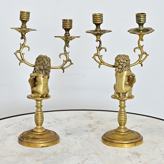 Metal 19th Century Pair of Brass Lion Candlesticks from Amsterdam For Sale - Image 7 of 8