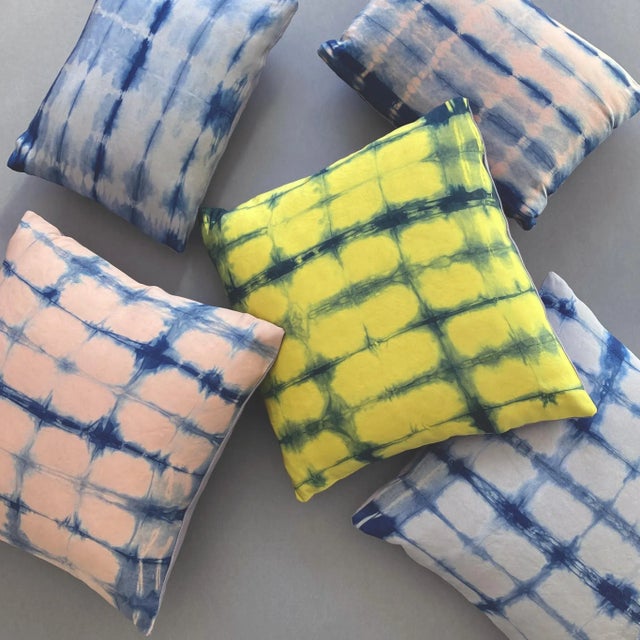 Rousseau Hand Dyed Silk Pillow, Canary Yellow & Indigo Grid Abstract Pattern For Sale - Image 4 of 5