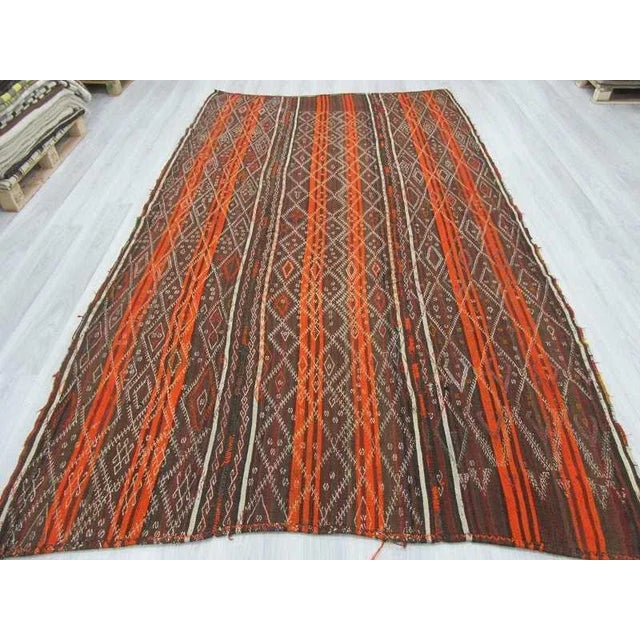 Boho Chic Vintage Orange Striped Turkish Kilim Rug - 6′7″ × 11′6″ For Sale - Image 3 of 6