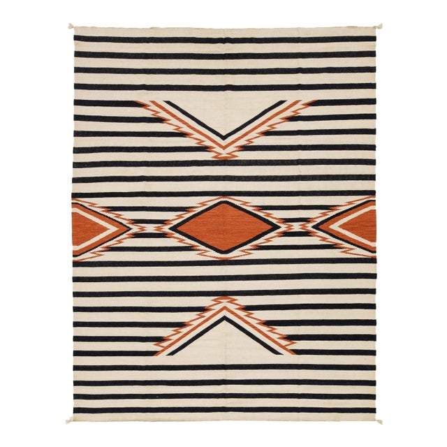 9x12 Modern Navajo-Inspired Geometric Wool Rug– Terracotta, Black & Cream For Sale