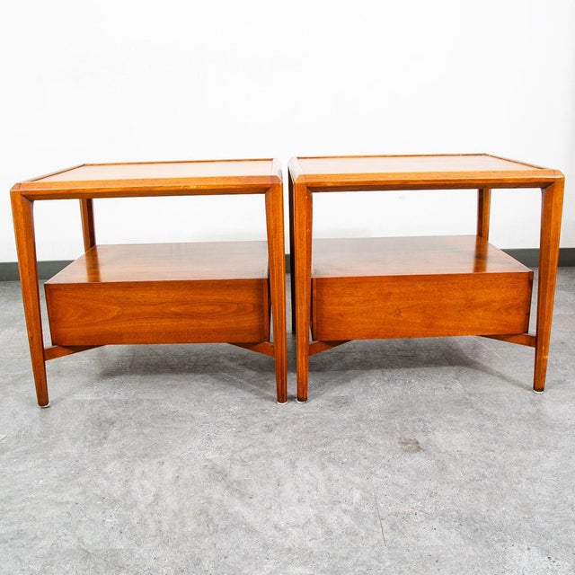 1960s Mid Century Modern Nightstand Set Walnut Drawer End Heritage 1961 Two Side Table For Sale - Image 5 of 12