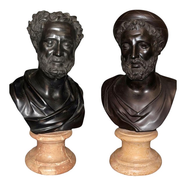 Late 19th C. Italian Bronze Busts of Heraclitus & Archytas on Marble Pedestals - Set of 2 For Sale