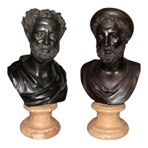 Late 19th C. Italian Bronze Busts of Heraclitus & Archytas on Marble Pedestals - Set of 2