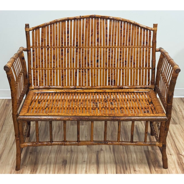 Chinoiserie Vintage Scorched Bamboo Settee Bench For Sale - Image 3 of 9