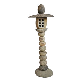 Vintage Outdoor Stacked River Rock Light House Post For Sale
