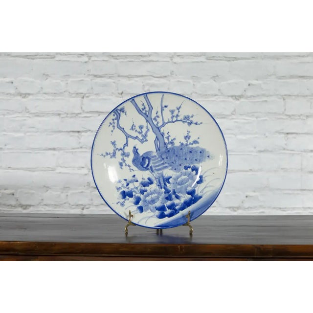 Japanese Blue and White Hand-Painted Porcelain Charger Plate with Peacock Bird For Sale In New York - Image 6 of 13