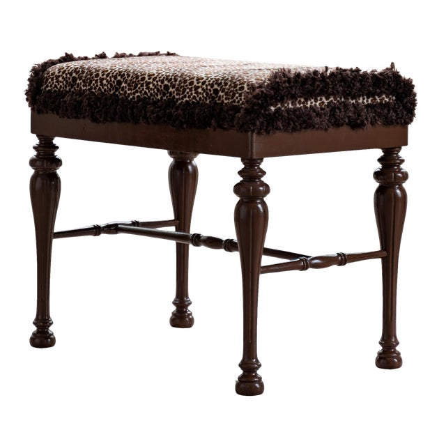 1930s Vintage Leopard Bottle Brush Fringed Turned Leg Bench For Sale