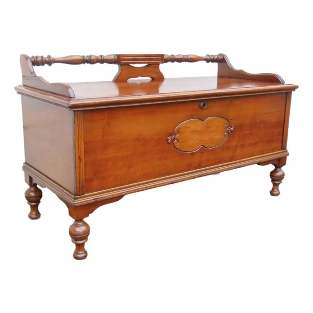Early 1900s Carved Bench Cedar Chest Blanket Trunk 6365 For Sale
